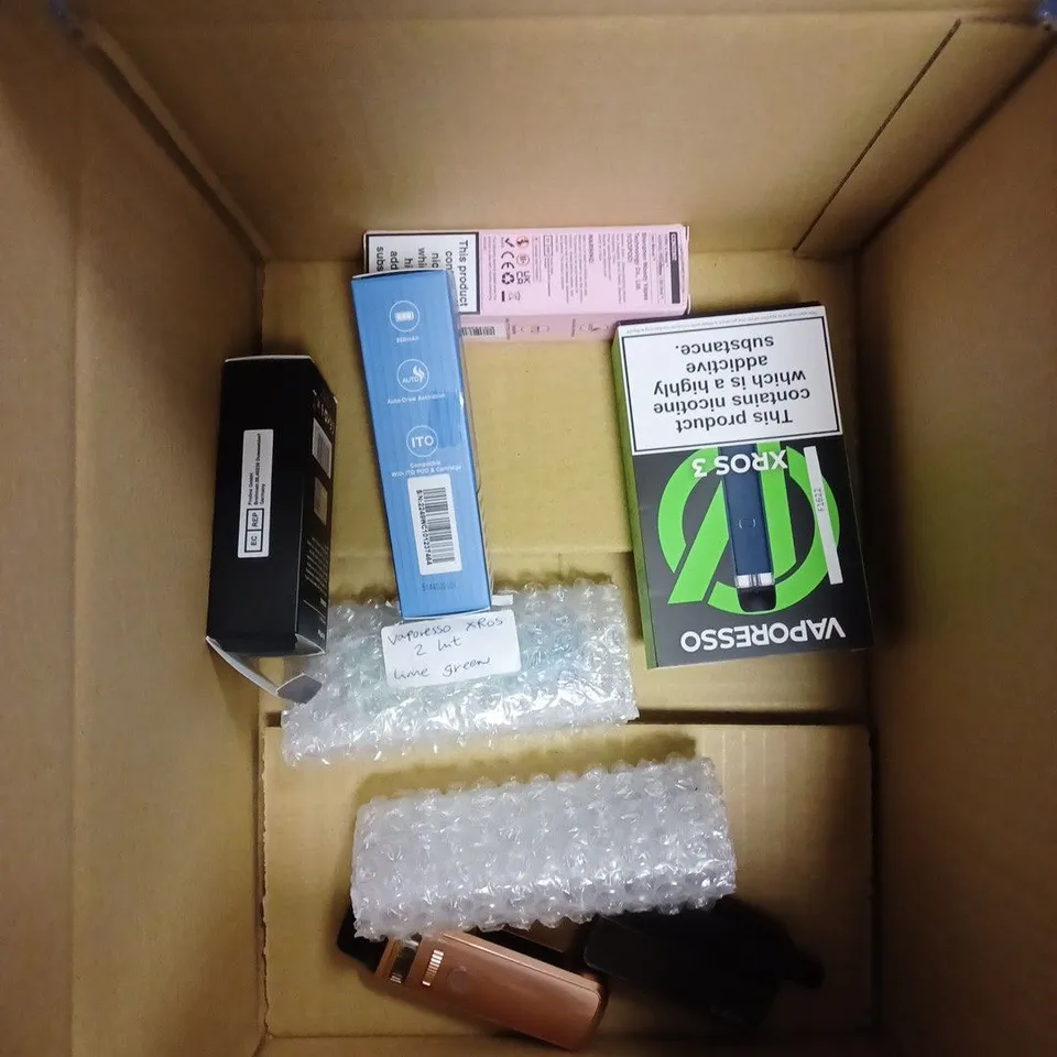 BOX OF APPROX 10 ITEMS TO INCLUDE VAPORESSO LUXE Q, CALIBURN A2, VAPORESSO XROS 3 MINI. 