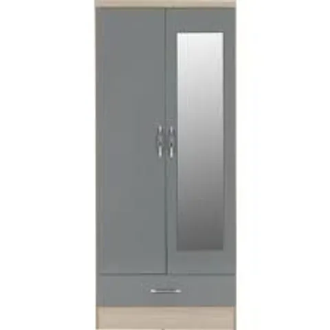 BOXED NEVADA MIRRORED 2 DOOR WARDROBE - GREY GLOSS/LIGHT OAK (2 BOXES)