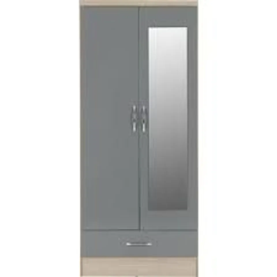 BOXED NEVADA MIRRORED 2 DOOR WARDROBE - GREY GLOSS/LIGHT OAK (2 BOXES)