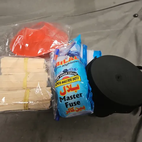 TOTE OF APPROX 8 ASSORTED HOUEHOLD ITEMS TO INCLUDE PLASTIC CONES, MASTER FUSE