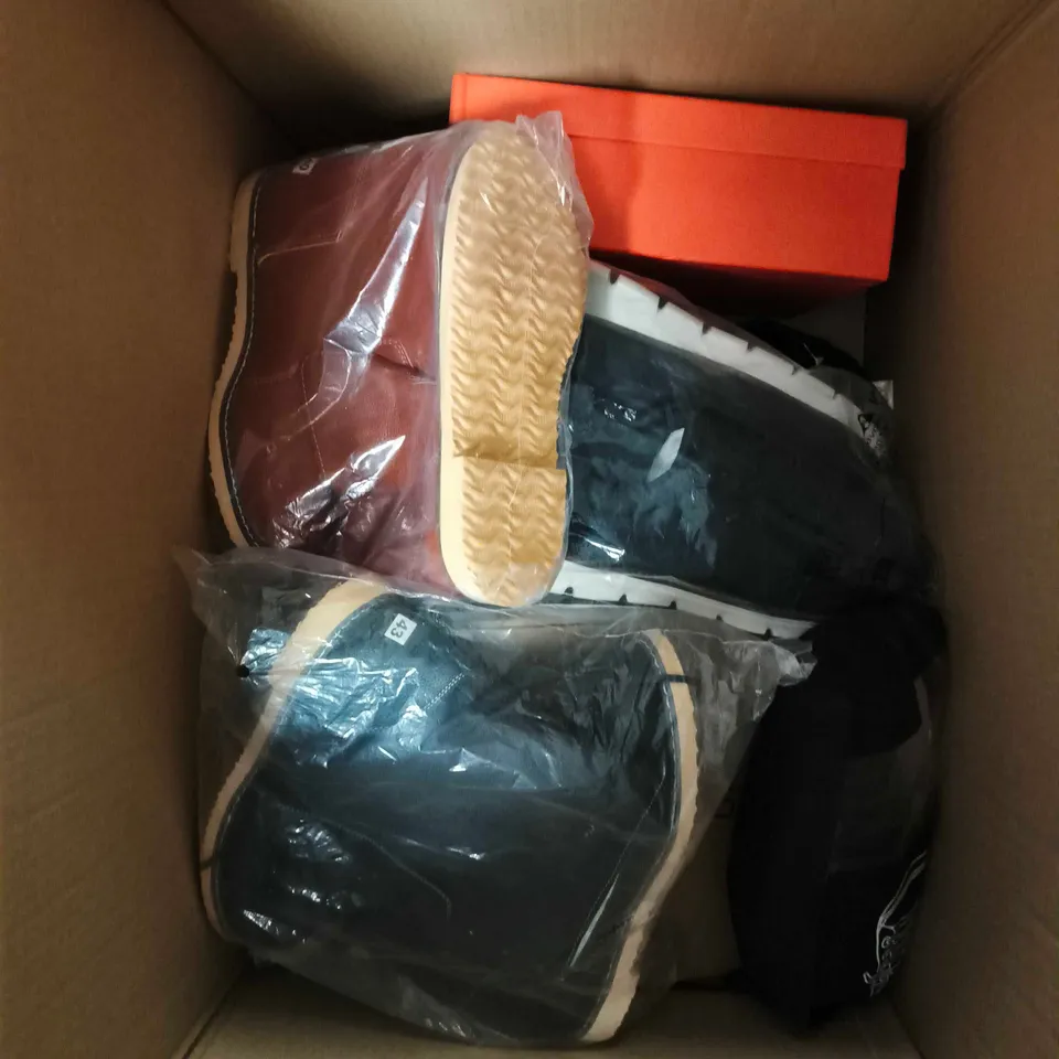 BOX OF APPROXIMATELY 10 ASSORTED PAIRS OF SHOES AND FOOTWEAR ITEMS IN VARIOUS COLOURS, STYLES, AND SIZES - COLLECTION ONLY
