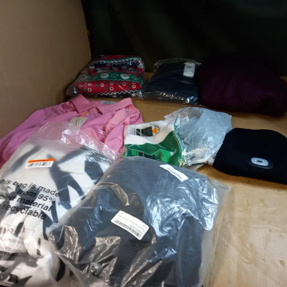 BOX OF APPROXIMATELY 25 ASSORTED CLOTHING ITEMS TO INCLUDE A SWEATSHIRT, A CHRISTMAS JUMPER, A BURGUNDY KNITTED JACKET AND A MIDI DRESS