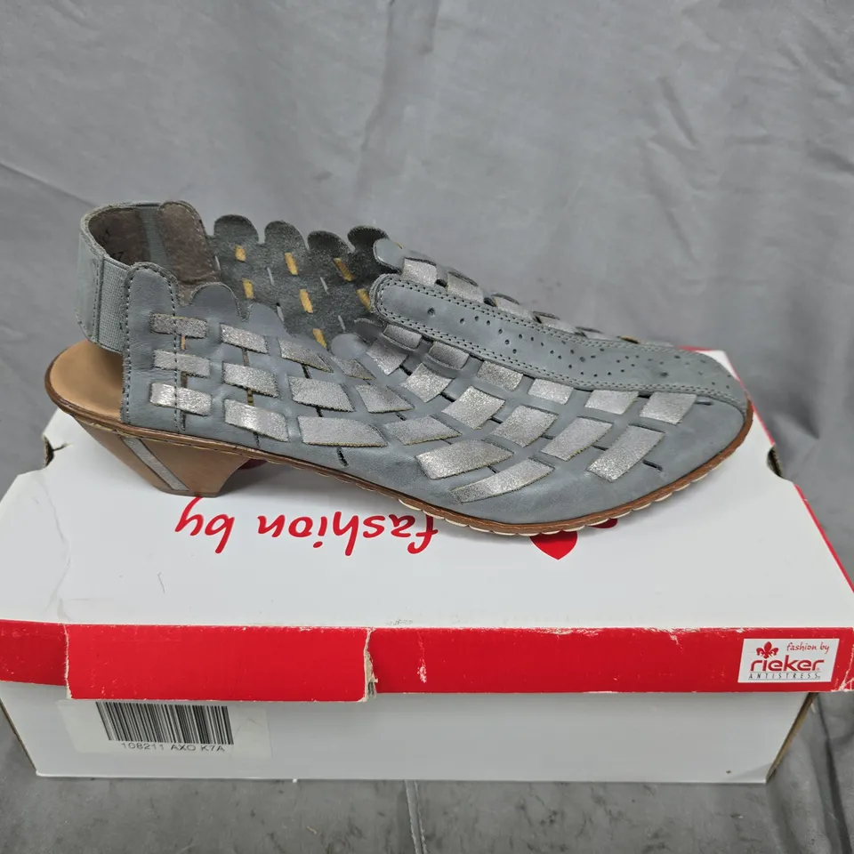 RIEKER ANTISTRESS WOMEN’S WOVEN CUT-OUT SANDALS – GREY/BLUE, BOXED SIZE EU 41