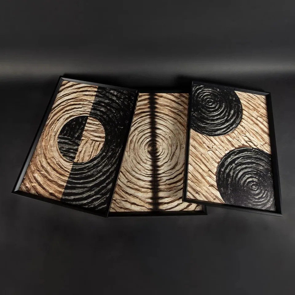 BOXED CIRCULAR 3 PIECE SINGLE PICTURE FRAME PRINT SET ON WOOD