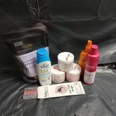 APPROXIMATEY 20 ASSORTED HEALTH AND BEAUTY PRODUCTS TO INCLUDE - MASTER ACRYLIC POWDER - NAIL DRILL BITS - VIVISCAL THICKENING SHAMPOO - ETC