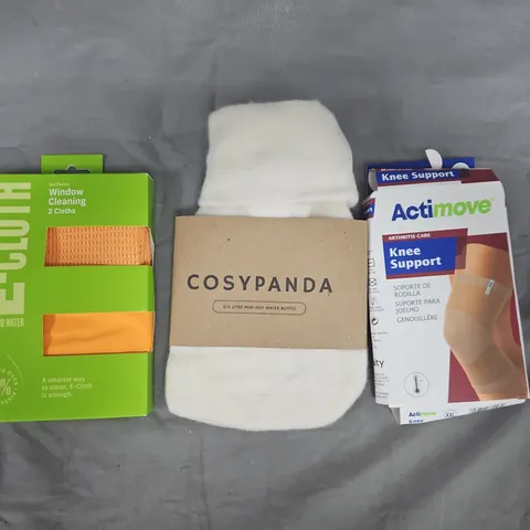 BOX OF APPROXIMATELY 15 ASSORTED HOUSEHOLD ITEMS TO INCLUDE KNEE SUPPORT, HOT WATER BOTTLE, WINDOW CLEANING CLOTHS, ETC - COLLECTION ONLY