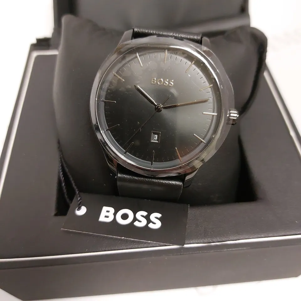 BOXED HUGO BOSS GENTS BOSS REASON BLACK LEATHER WRIST WATCH