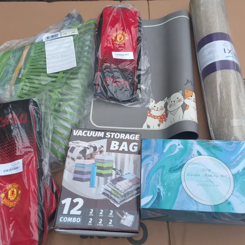 LARGE QUANTITY OF ASSORTED HOUSEHOLD ITEMS TO INCLUDE GARDEN LEAF RAKE, CANDLE MAKING KIT AND SEALED RUG