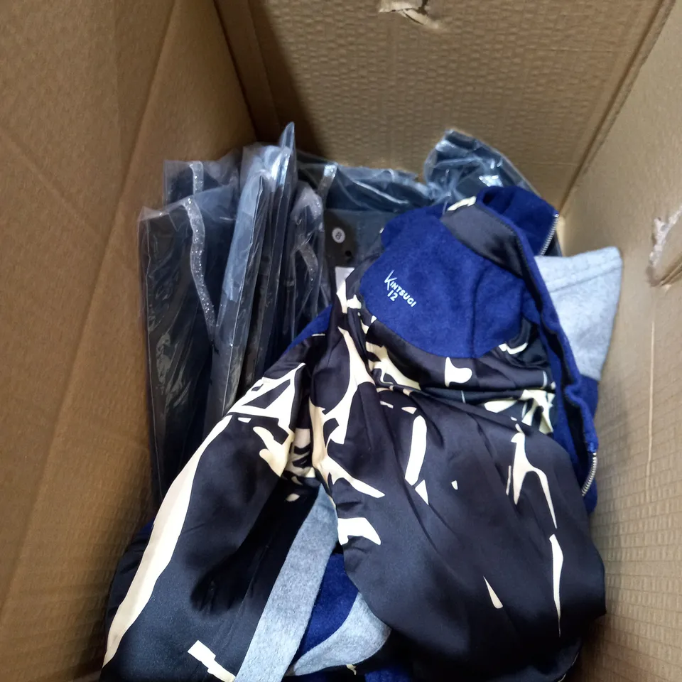 BOX OF ITEMS APPROXIMATELY 10 TO INCLUDE 1 JACKET & 9 T-SHIRTS 