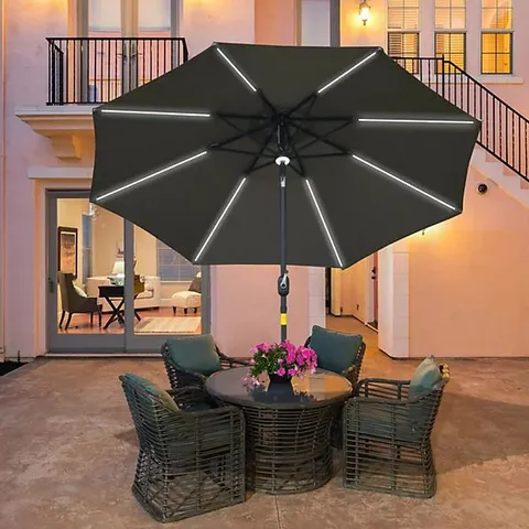 BOXED OUTSUNNY 2.7M GARDEN PARASOL SUMMER SHELTER W/ LED SOLAR LIGHT CRANK TILT GREY