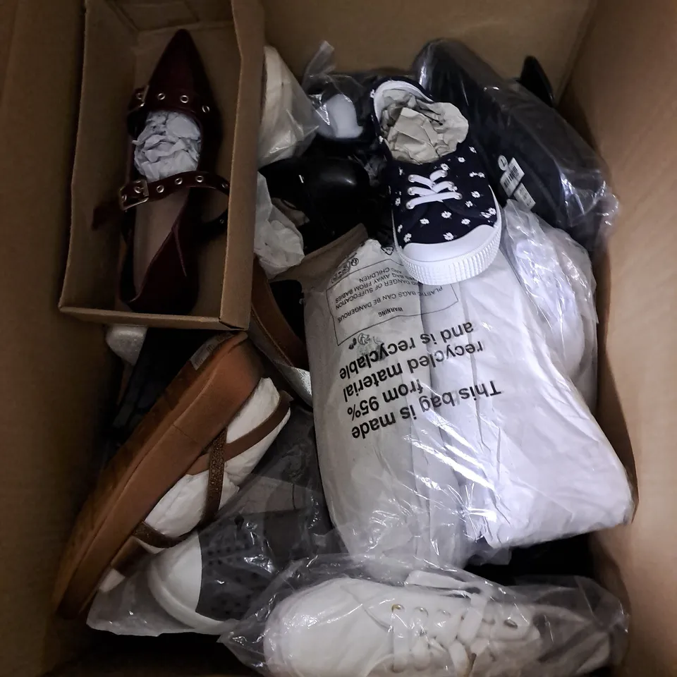 BOX OF APPROXIMATELY 15 PAIRS OF ASSORTED SHOES IN VARIOUS COLOUR, STYLES AND SIZES