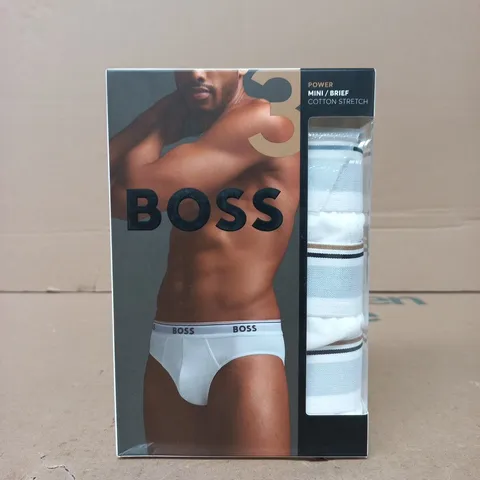 BOSS COTTON STRETCH POWER MINI BRIEF (3-PACK) IN WHITE SIZE MEDIUM