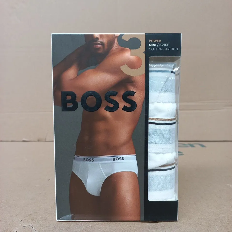 BOSS COTTON STRETCH POWER MINI BRIEF (3-PACK) IN WHITE SIZE MEDIUM