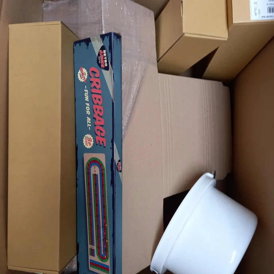 BOX OF APPROXIMATELY 5 ASSORTED HOUSEHOLD ITEMS TO INCLUDE CRIBBAGE BOARD GAME, HENRY HOOVER BAGS AND FLUSHING VALVE SET ETC