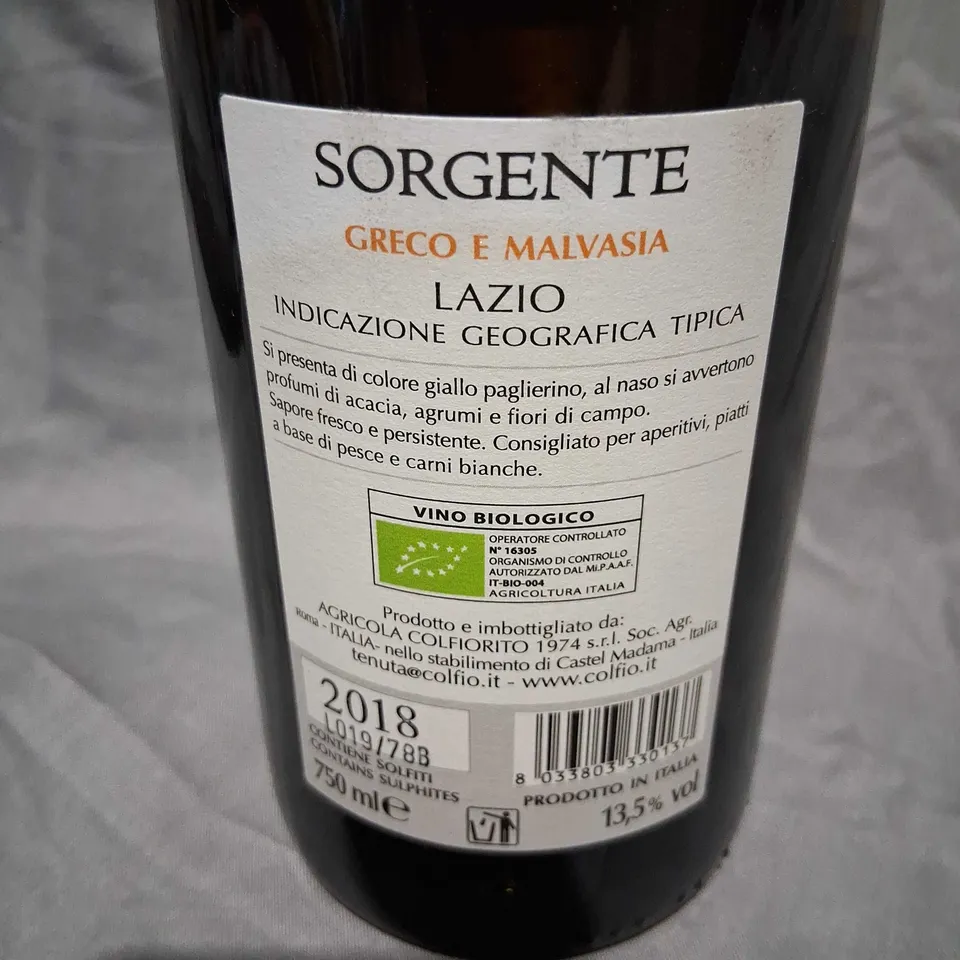 SORGENTE LAZIO GRECO E MALVASIA – VINO BIOLOGICO, 750 ML (IGT LAZIO)