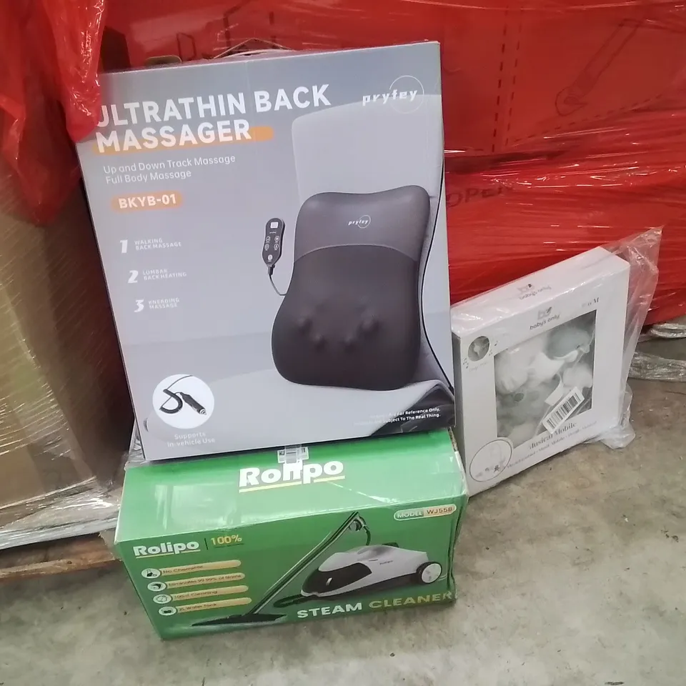 PALLET OF ASSORTED HOUSEHOLD GOODS AND PRODUCTS TO INCLUDE;BABY MUSICAL MOBILE,STEAM CLEANER,BACK MASSAGER