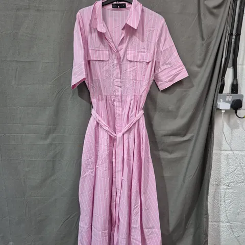 ZARA WOMEN’S PINK STRIPED SHIRT DRESS WITH BELT – SHORT SLEEVES L