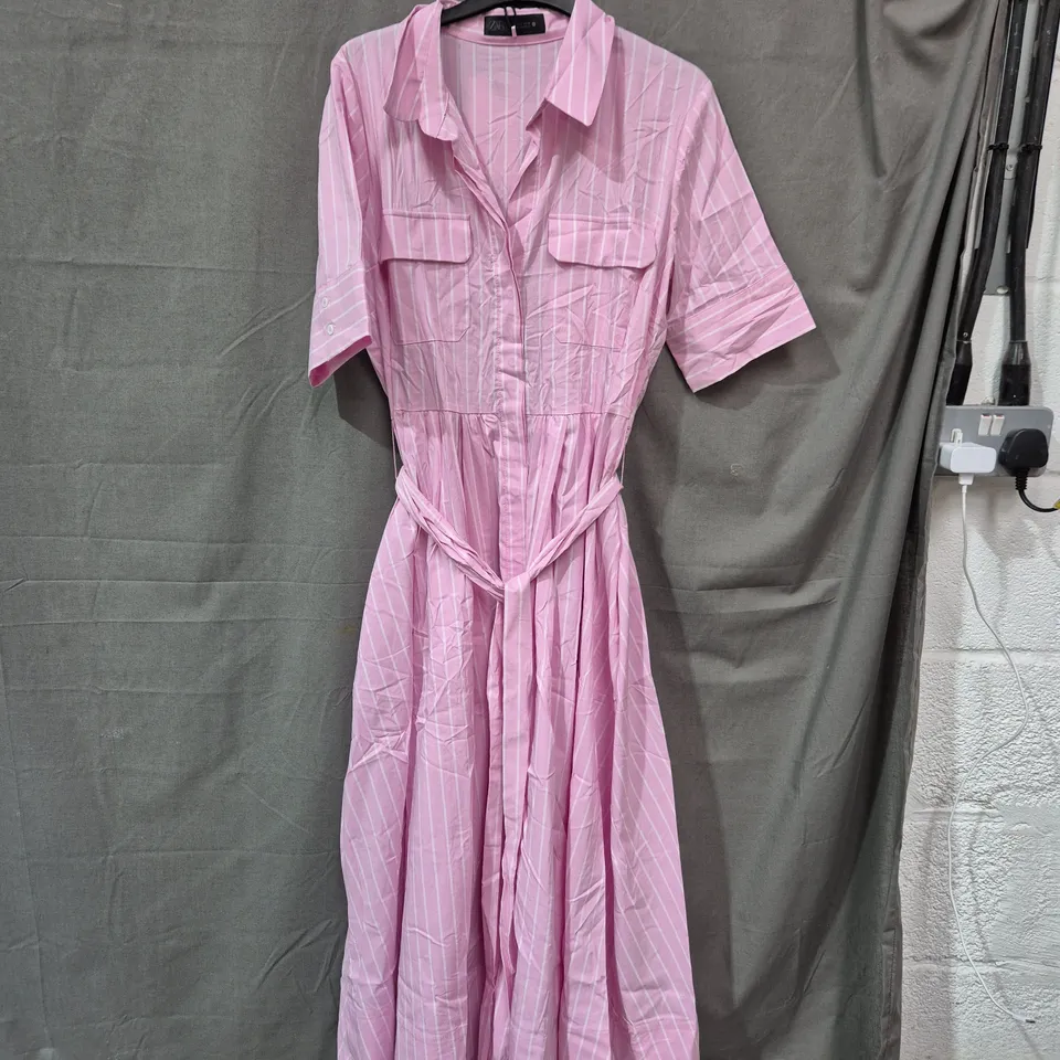 ZARA WOMEN’S PINK STRIPED SHIRT DRESS WITH BELT – SHORT SLEEVES L