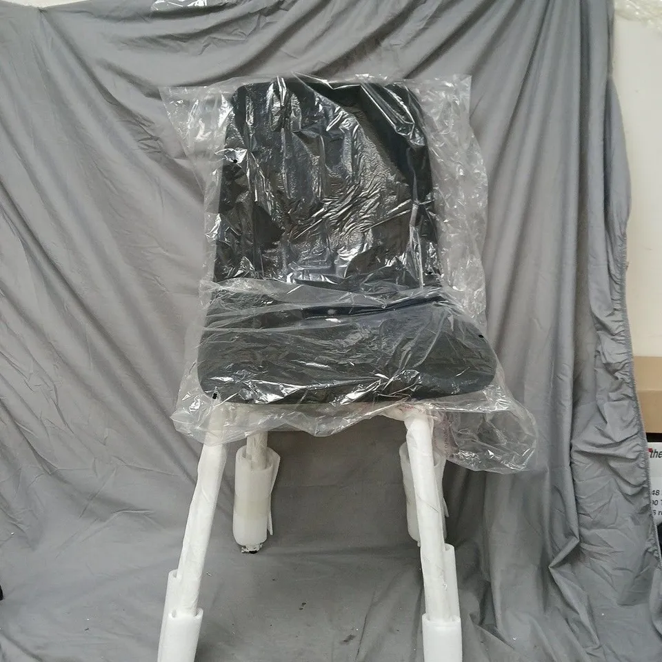 2 x BLACK UPHOLSTERED CHAIR WITH WHITE LEGS; WRAPPED IN PROTECTIVE PLASTIC