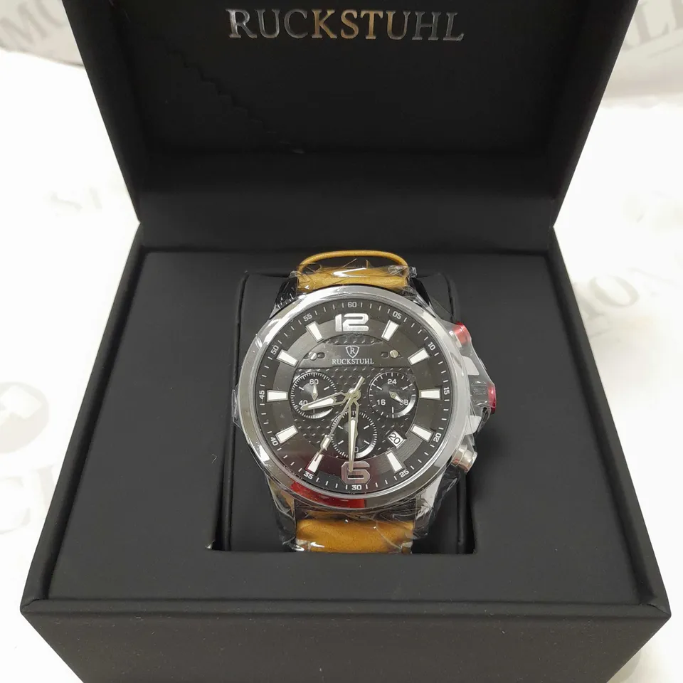RUCKSTUHL TRIPLE DIAL BROWN LEATHER STRAP WRISTWATCH