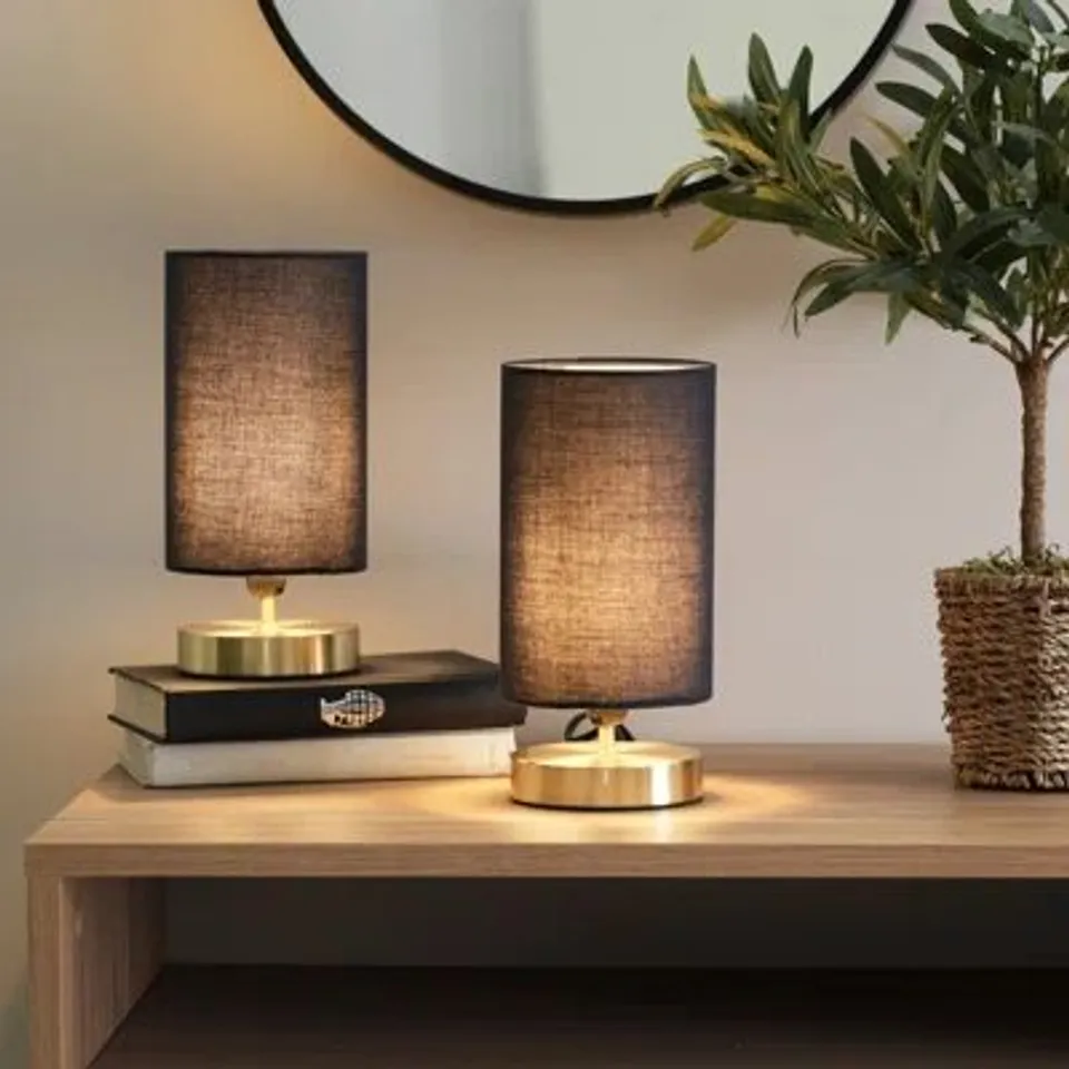 BOXED ROMICA PAIR OF TOUCH TABLE LAMPS WITH FABRIC SHADES