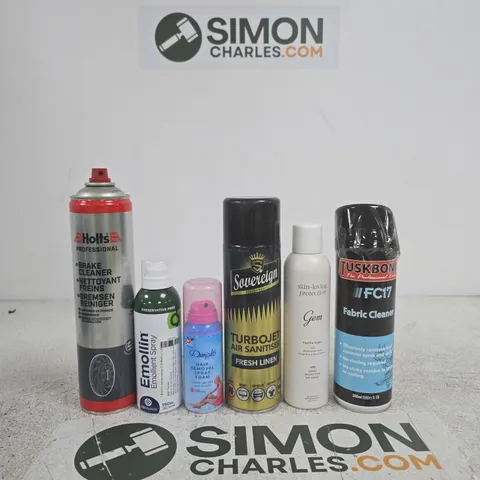 APPROXIMATELY 15 ASSORTED ITEMS INCLUDING TUSKBOND FC17 FABRIC CLEANER, SKIN LOVING PROTECTION GEM SWEAT PROTECTION DRY SPRAY AND SOVEREIGN TURBOJET AIR SANITISER