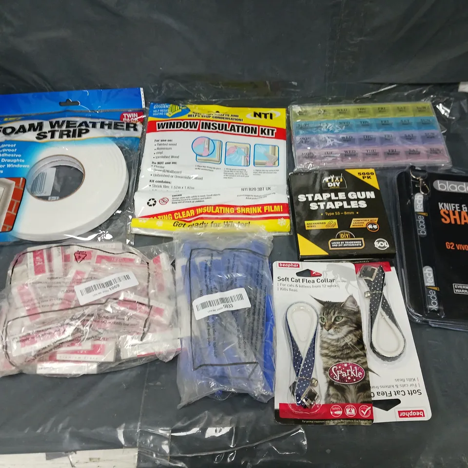 BOX OF APPROXIMATELY 8 ASSORTED ITEMS TO INCLUDE - FOAM WEATHER STRIP, KNIFE SHARPENER, AND RUBBERS ETC. 