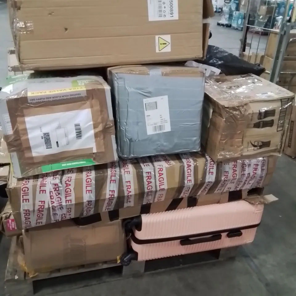PALLET CONTAINING VARIOUS ASSORTED BOXED HOUSEHOLD ITEMS: SUITCASES,STEAMER,TROLLEY