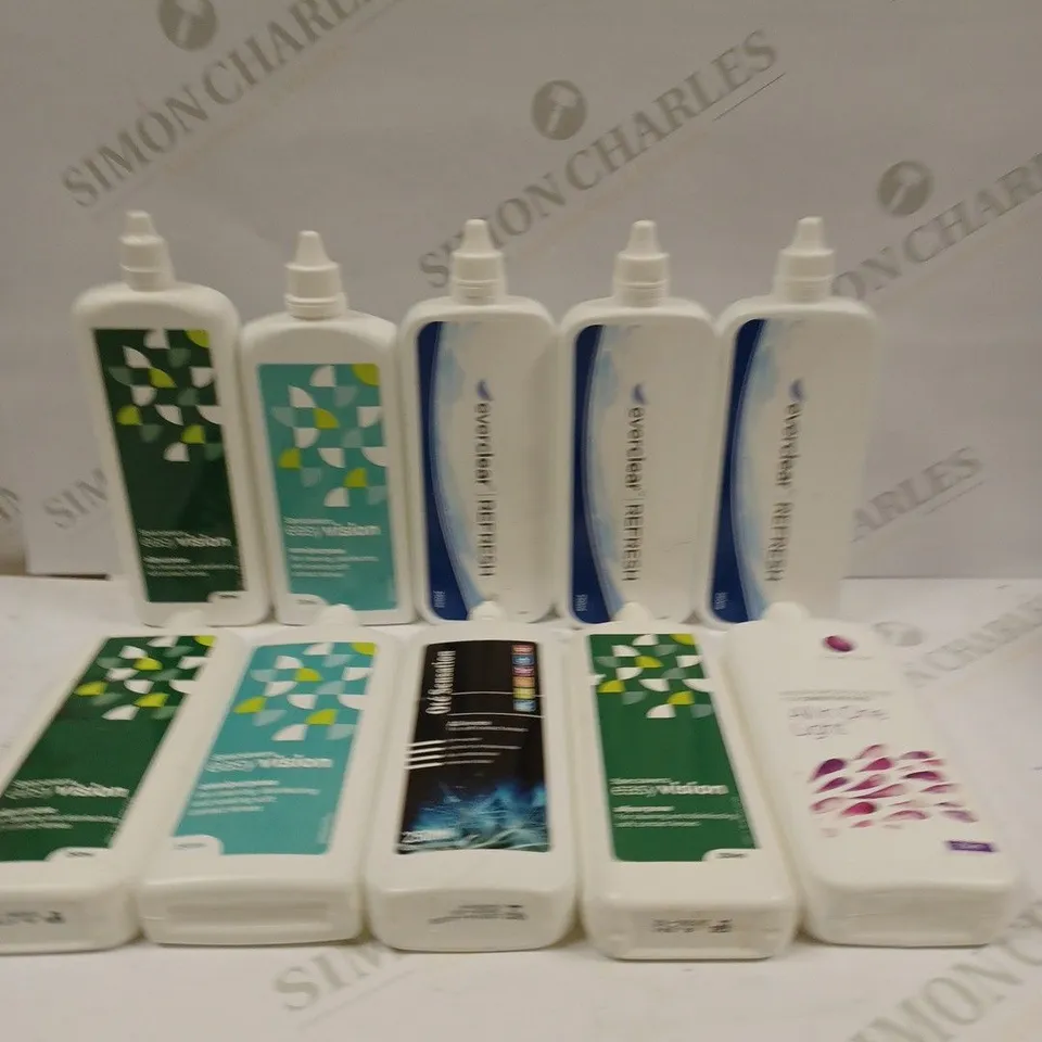 BOX TO CONTAIN APPROX. 40 X BOTTLES OF CONTACT LENSES CLEANING SOLUTION. BRANDS VARY - COLLECTION ONLY
