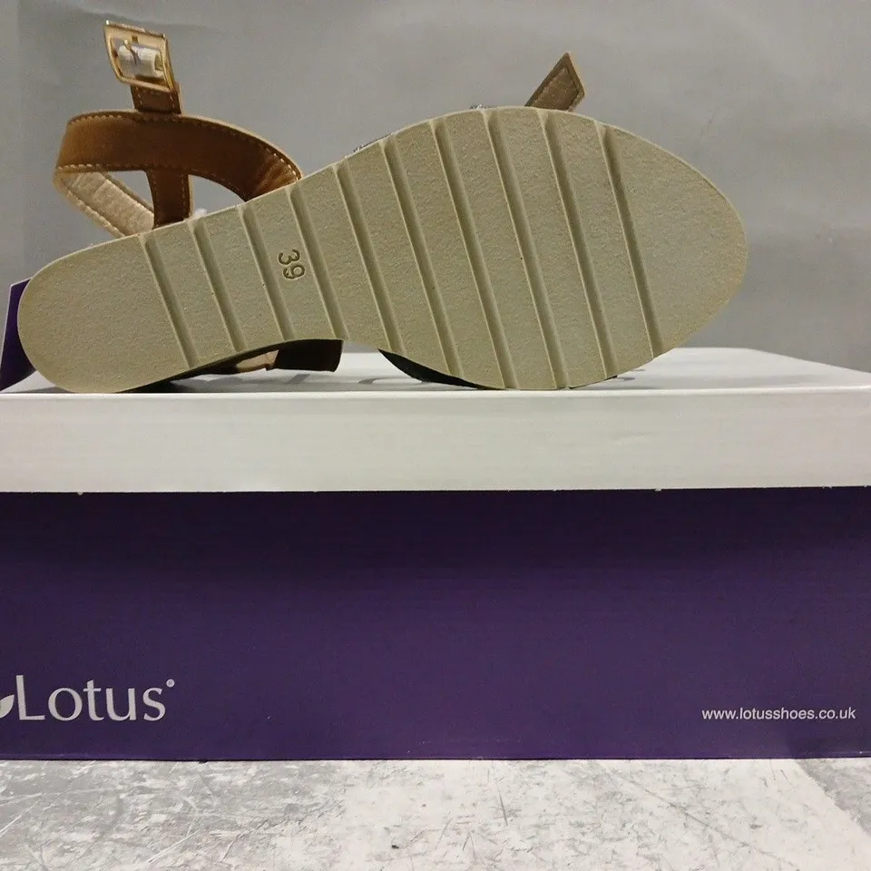 BOXED PAIR OF LOTUS OPEN TOE WEDGE SANDALS IN TAN/DENIM SIZE EU 39