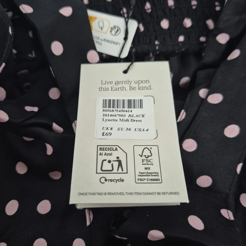 NOBODYS CHILD UK 8 LYNETTE MIDI DRESS – BLACK WITH PINK POLKA DOTS