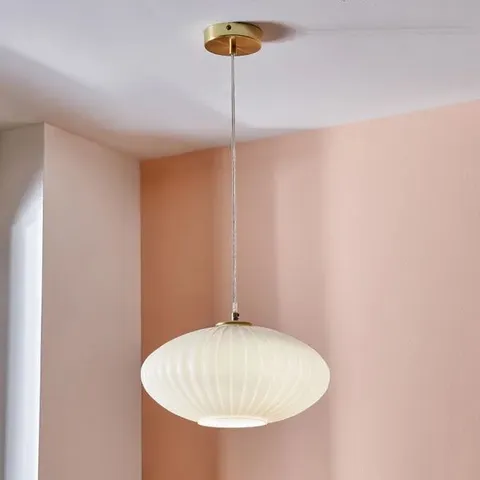 BOXED EMILIA WHITE GLASS AND GOLD METAL RIBBED OVAL PENDANT