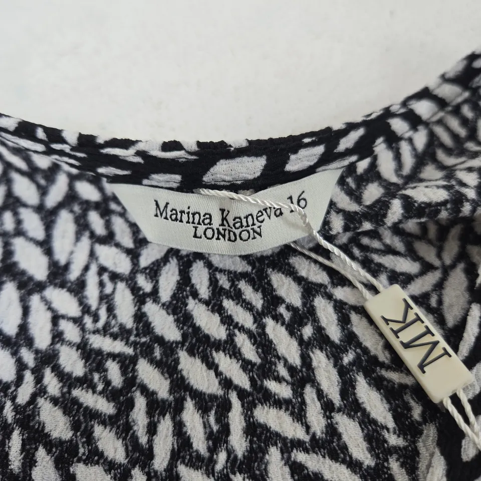 UK 16 MARINA KANEVA LONDON DRESS – BLACK AND WHITE LEAF PRINT