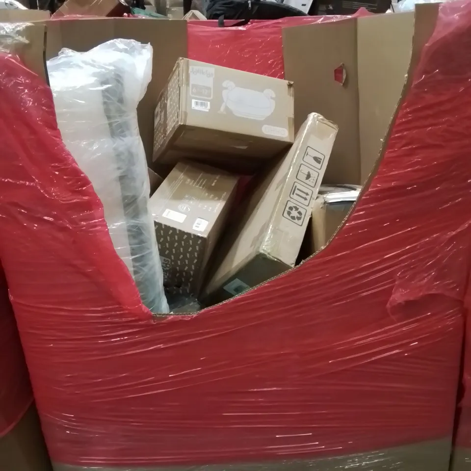 PALLET CONTAINING VARIOUS ASSORTED BOXED HOUSEHOLD ITEMS TO INCLUDE: CHILDREN'S BOOSTER SEATS, ROLLED MATTRESS, CAMPING CHAIR AND LOTS MORE UNMARKED BOXED ITEMS 