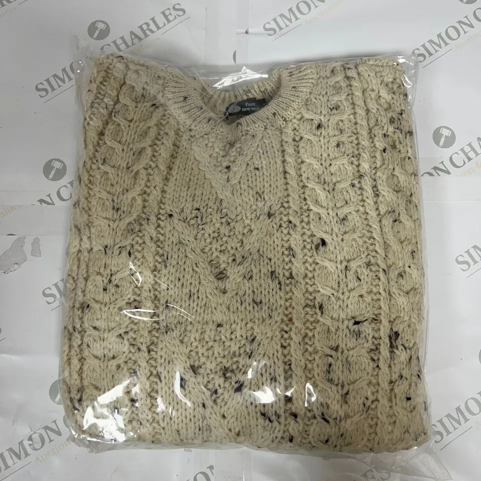 10 AS NEW BAGGED PURE WOOL ROUND NECK CABLE KNIT SWEATSHIRTS IN BEIGE IN VARIOUS SIZES