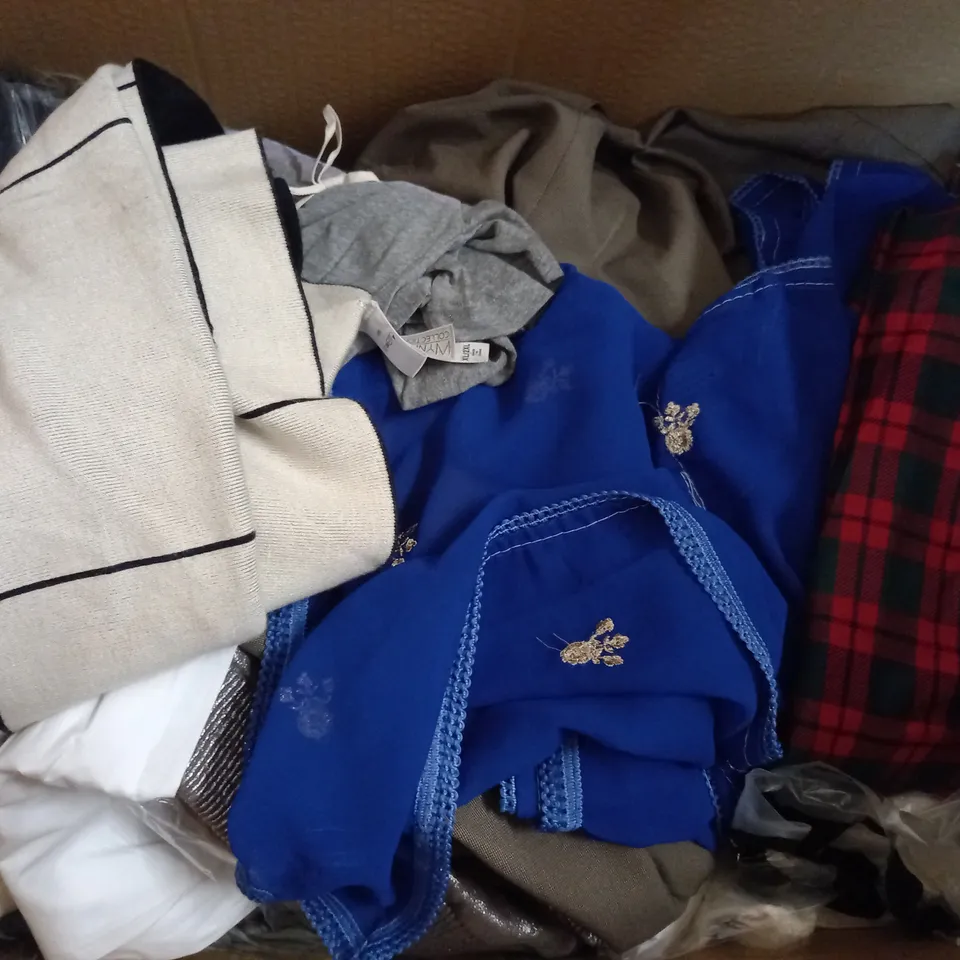  BOX OF ASSORTED CLOTHING ITEMS TOO INCLUDE DRESSES , SHIRTS AND TROUSERS IN VARIOUS SIZES AND COLOURS   