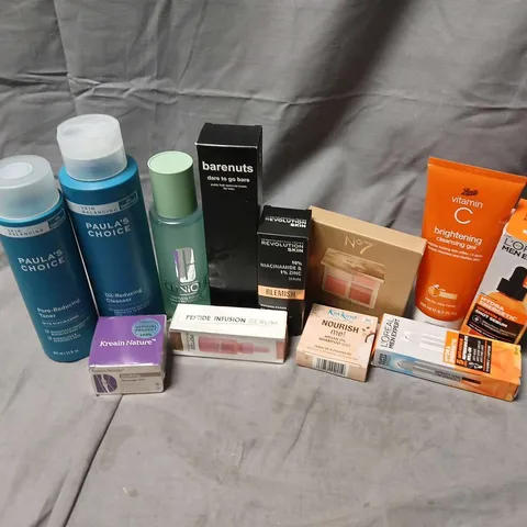 APPROXIMATELY 20 ASSORTED COSMETICS ITEMS TO INCLUDE LOREAL EXERT VITAMIN C SHOT SERUM, BRIGHTENING CLEANSING GEL, PAULAS CHOICE OIL-REDUCING CLEANSER, ETC