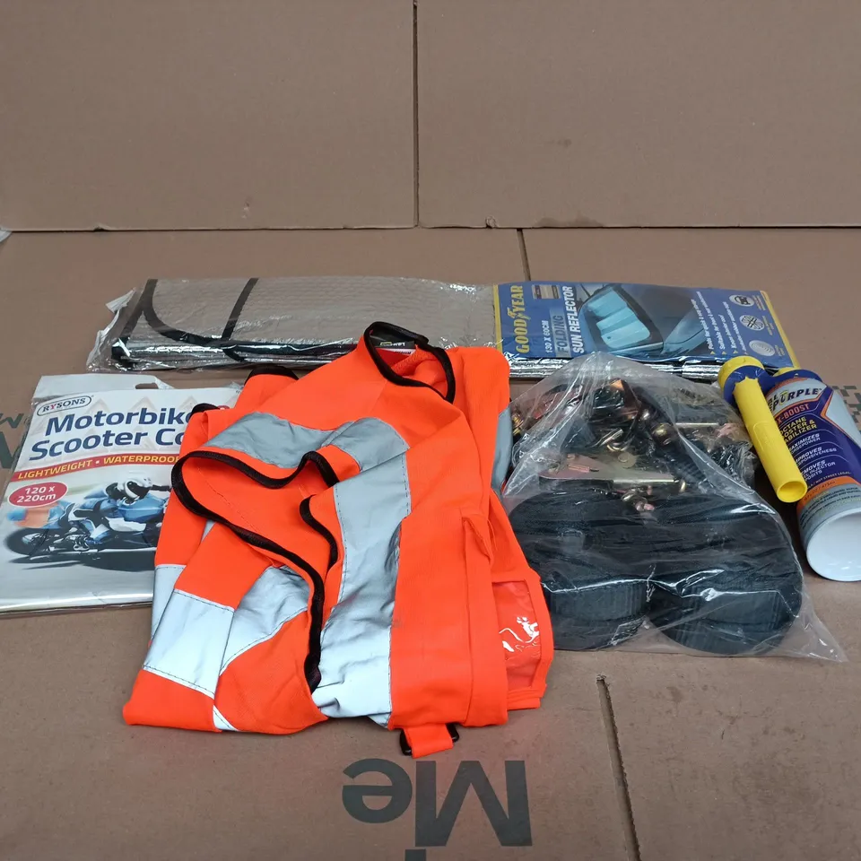 BOX OF APPROXIMATELY 15 ASSORTED AUTO RELATED ITEMS TO INCLUDE GOODYEAR SUN REFLECTOR, HI VIS JACKET, ROYAL PURPLE MAX BOOST, MOTORBIKE AND SCOOTER COVER ETC