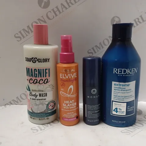 APPROXIMATELY 4 COSMETICS PRODUCTS TO INCLUDE REDKEN EXTREME CONDITIONER (500ml), MONAT INTENSE REPAIR TREATMENT (74ml), LOREAL ELVIVE DREAM LNEGTH HEAT SPRAY (150ml), ETC