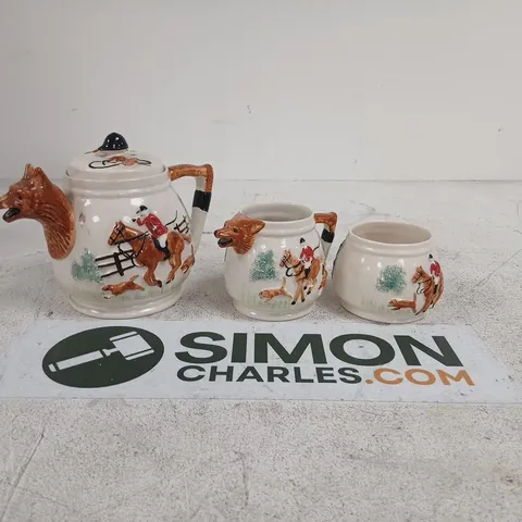 VINTAGE FOX HUNT CERAMIC TEA SET TEAPOT JUG SUGAR POT HAND PAINTED COLLECTIBLE