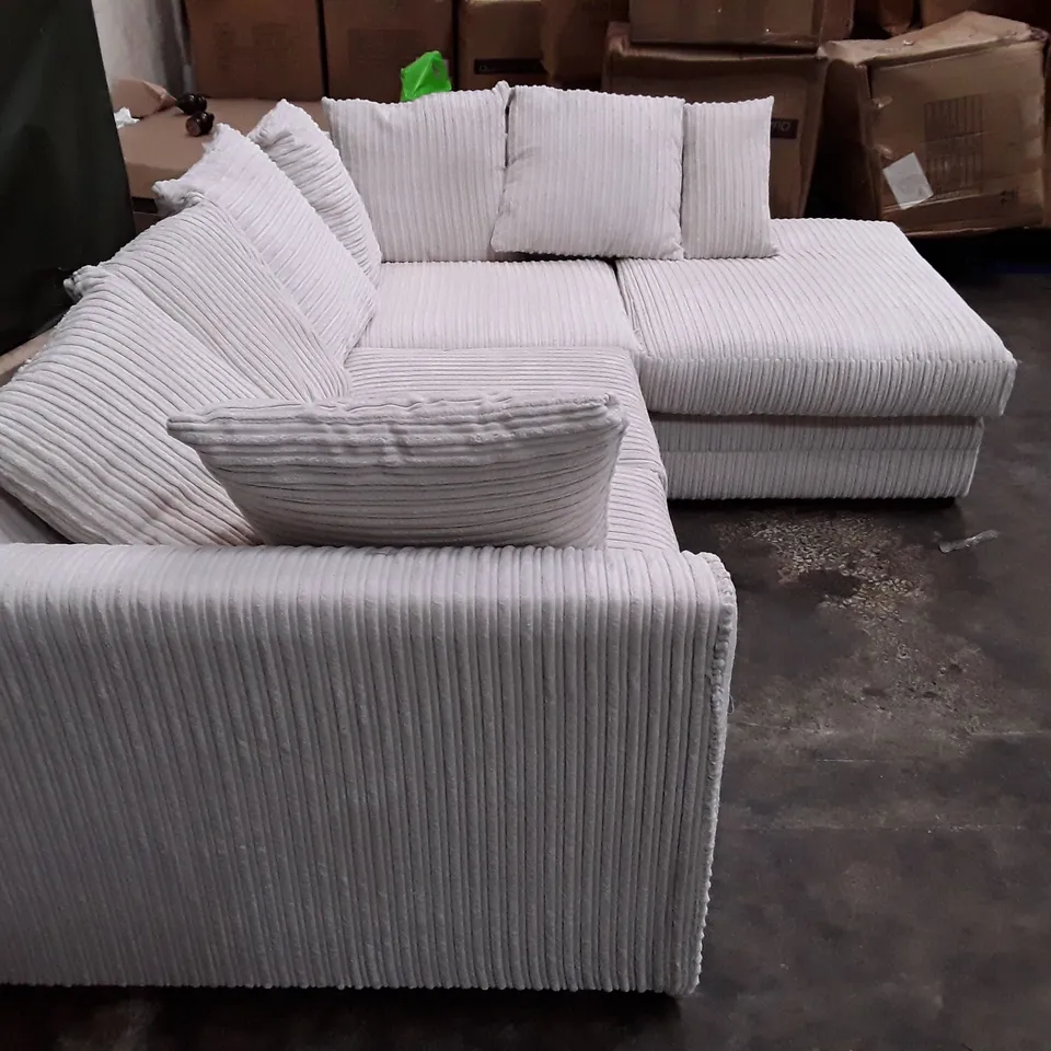 QUALITY DESIGNER L-SHAPED SOFA - WHITE CORDUROY FABRIC 