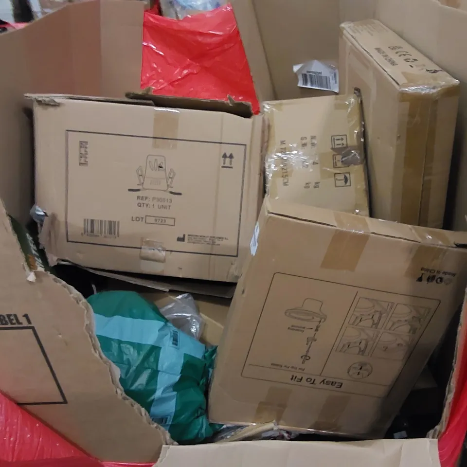 PALLET TO CONTAIN ASSORTED HOUSEHOLD ITEMS AND CONSUMER PRODUCTS. INCLUDING TOILET SEAT, BATH SEAT, VANITY MIRROR, BOXED FURNITURE ETC