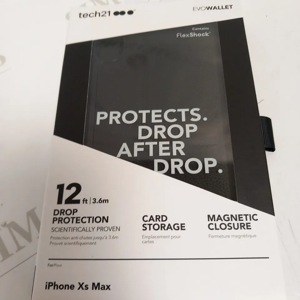APPROXIMATELY 10 BRAND NEW TECH 21 EVO WALLET CONTAINS FLEX SHOCK 12FT/3.6M DROP PROTECTION, CARD STORAGE AND MAGNETIC CLOSURE FOR IPHONE XS MAX