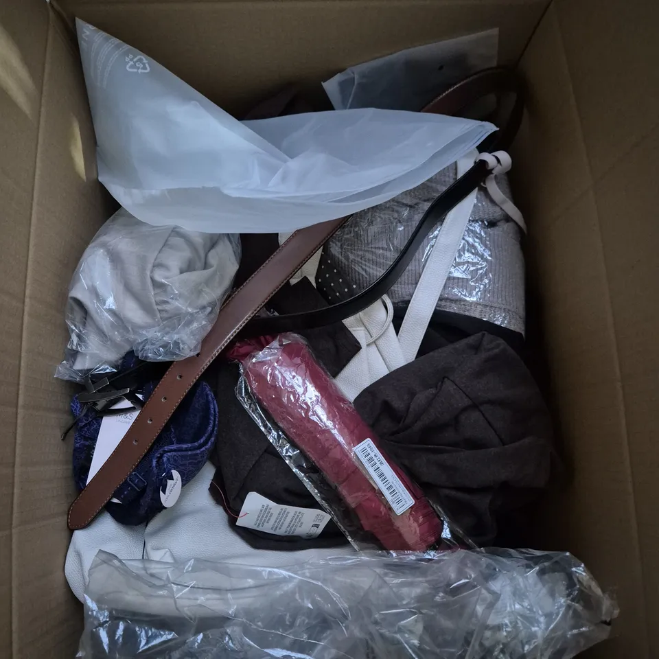 BOX OF APPROXIMATELY 20 ASSORTED CLOTHING ITEMS TO INCLUDE WOMENS UNDERWEAR, TOPS, SKIRT, ETC