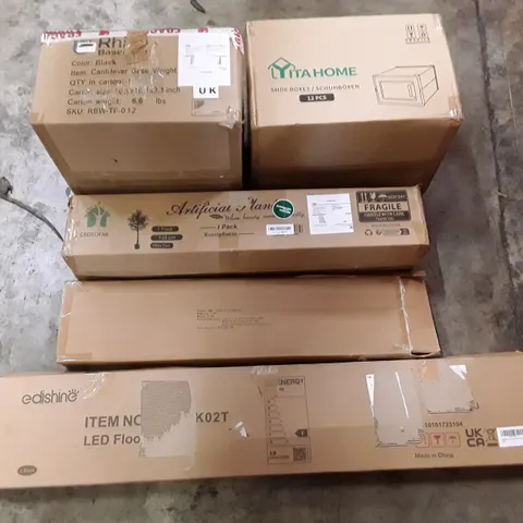 PALLET OF ASSORTED PRODUCTS INCLUDING SHOE STORAGE BOXES, ROTARY BIRD REPELLANT, LED FLOOR LAMPS, ARTIFICIAL PLANTS, CANTILEVER BASE WEIGHT