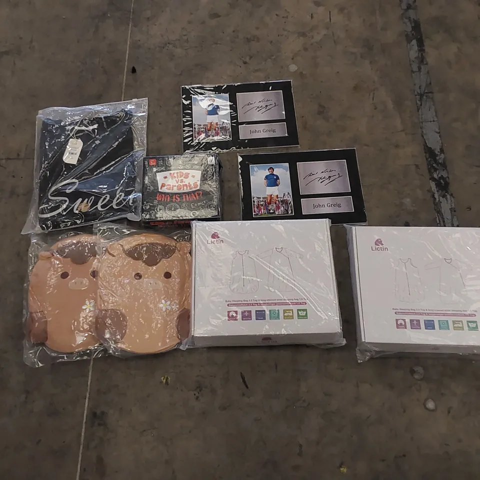 PALLET OF ASSORTED HOUSEHOLD ITEMS AND CONSUMER PRODUCTS. INCLUDES CLOTHES, PLUSHES, BABY SLEEPING BAGS ETC