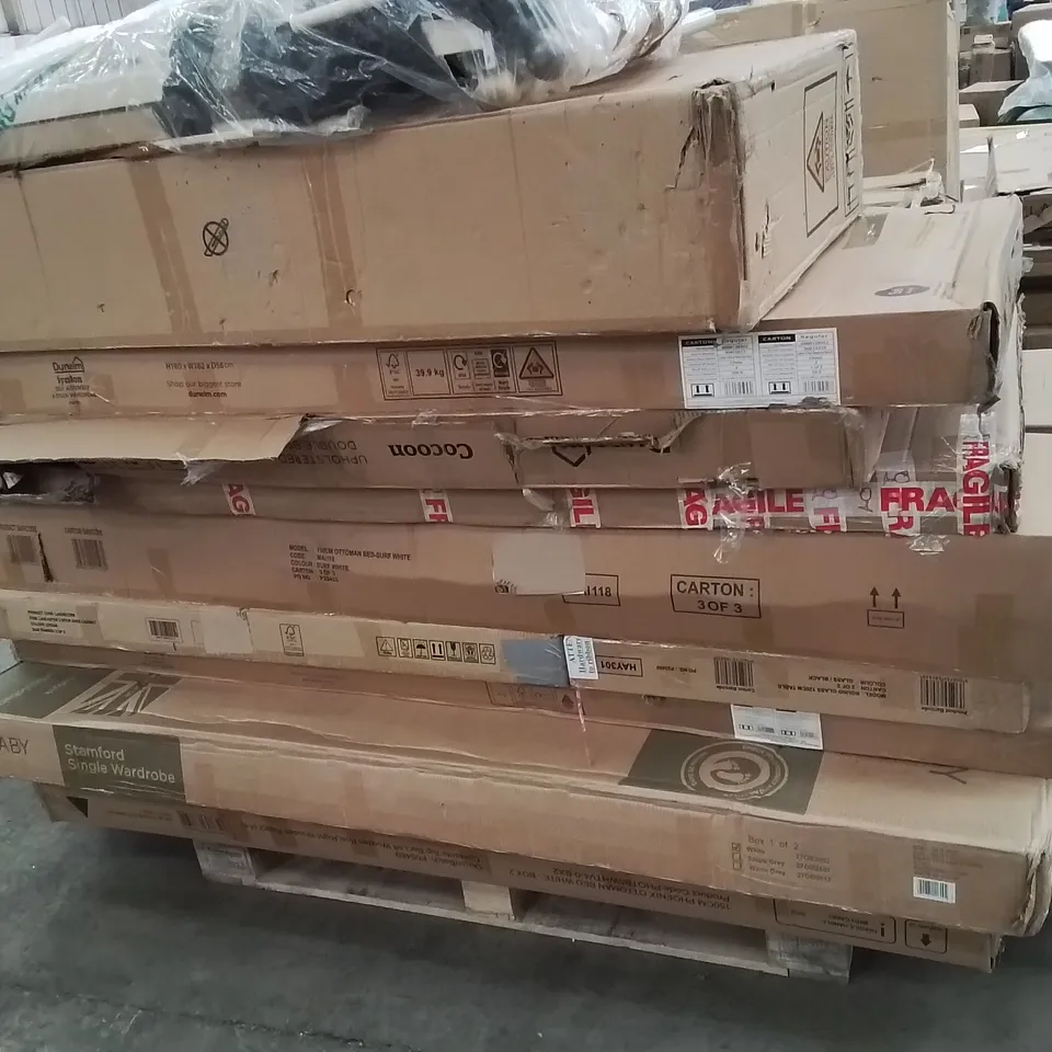 PALLET CONTAINING VARIOUS INCOMPLETE BOXED FURNITURE PARTS AND OTHER HOUSEHOLD ITEMS ETC.