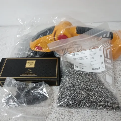 APPROXIMATELY 12 ASSORTED HOUSEHOLD ITEMS TO INCLUDE WAHL SHAVE RAZOR, SCREWS, PLANT CUTTER, ETC - COLLECTION ONLY