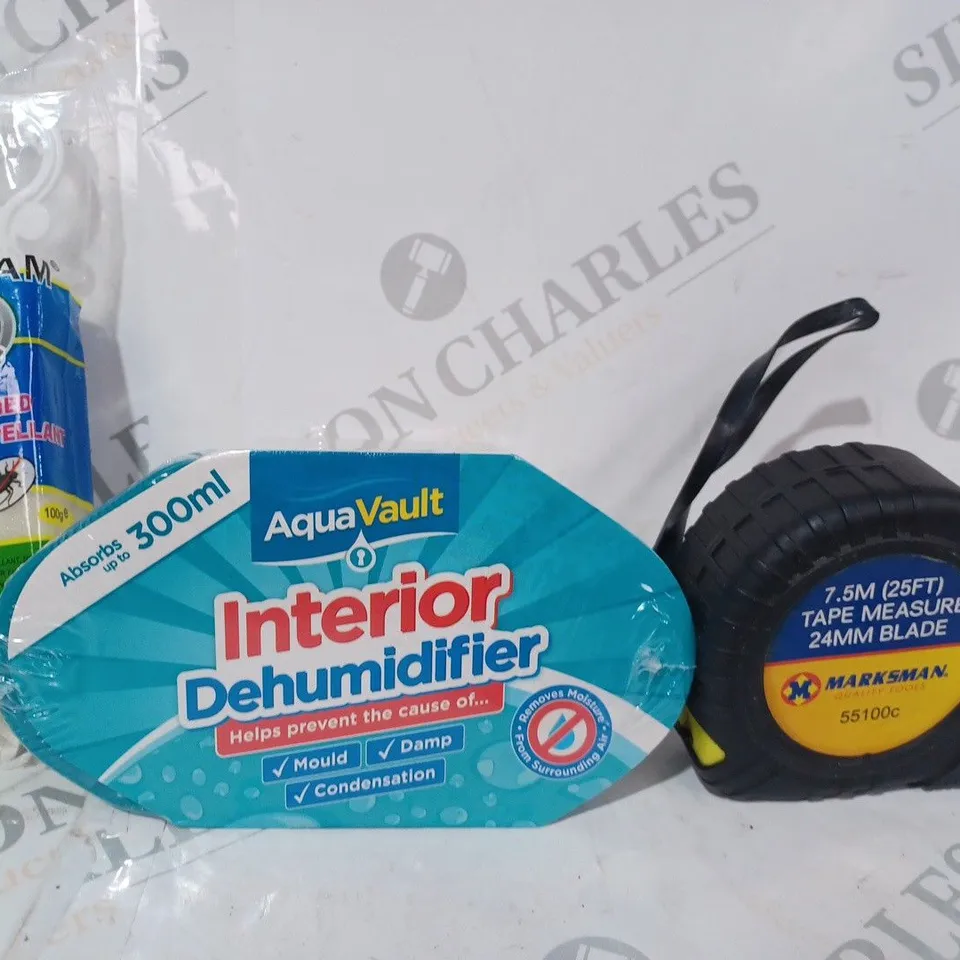 APPROXIMATELY 10 ASSORTED HOUSEHOLD ITEMS TO INCLUDE INTERIOR DEHUMIDIFIER, TAPE MEASURE, PERFUMED INSECT REPELLANT, ETC