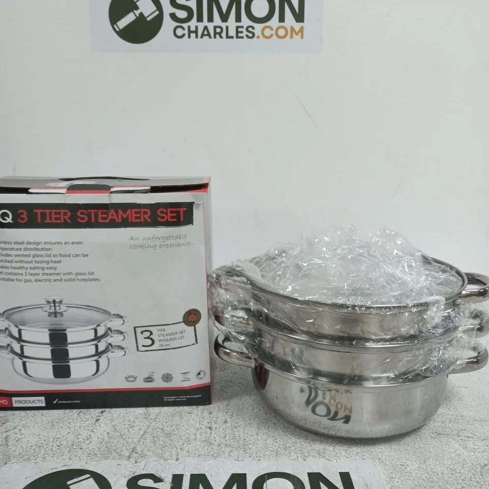 3-TIER STEAMER SET – STAINLESS STEEL WITH GLASS LIDS (BOXED)